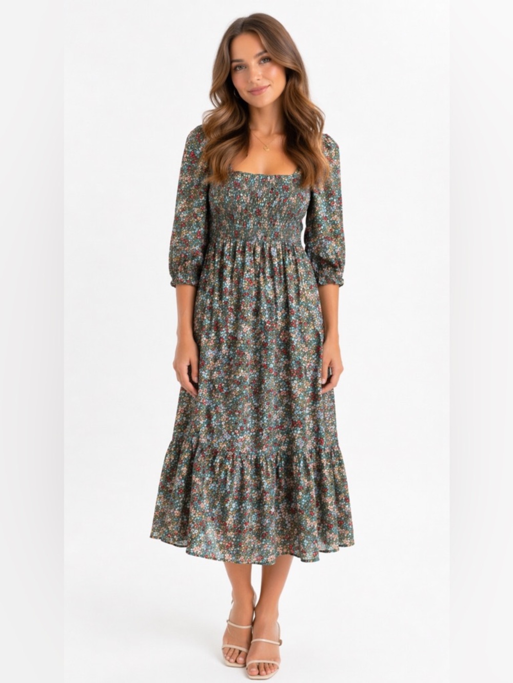 Umgee Green Ditsy Floral Midi Dress 3/4 Sleeve Small Boho Prairie Peasant